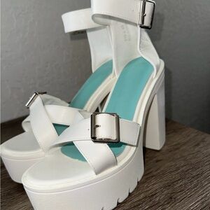 White Platform Block Heel Sandals with Turquoise Insole